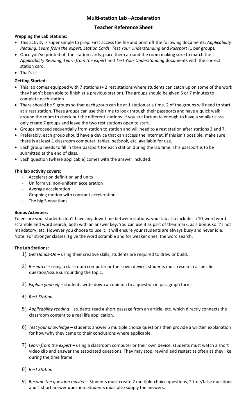 Uniform Acceleration - Activity Instructions