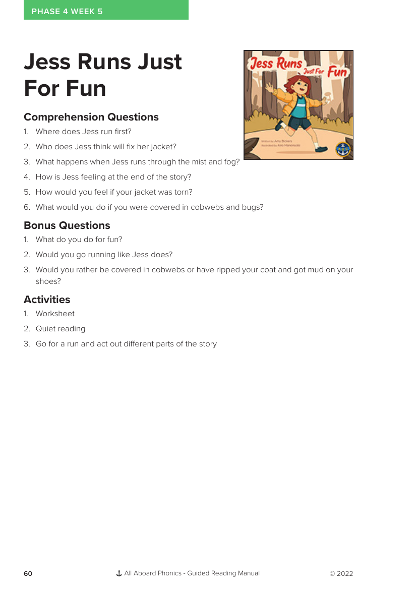 Week 5, Guided Reading "Jess Runs Just For Fun" - Phonics Phase 4 - Worksheet