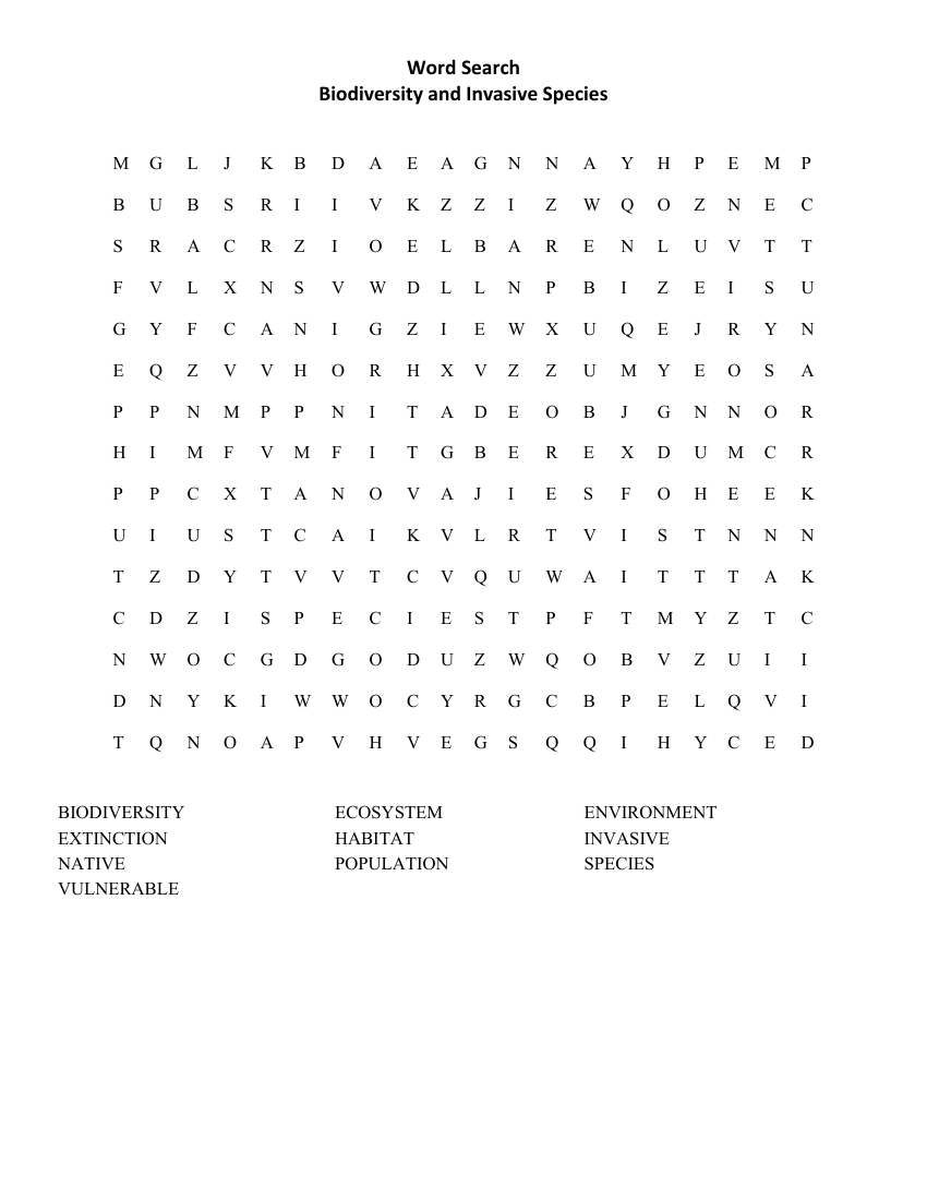 Biodiversity and Invasive Species - Word Search