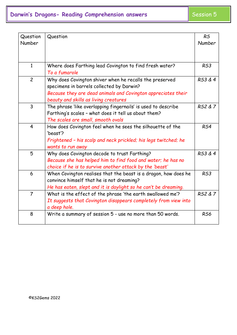 Darwin's Dragons - Session 5 - Reading Comprehension answers