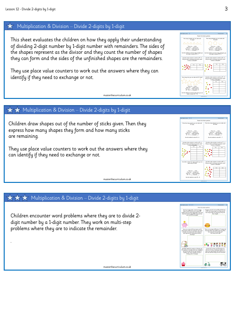 Multiplication and division - Divide two digits by one digit remainders - Worksheet