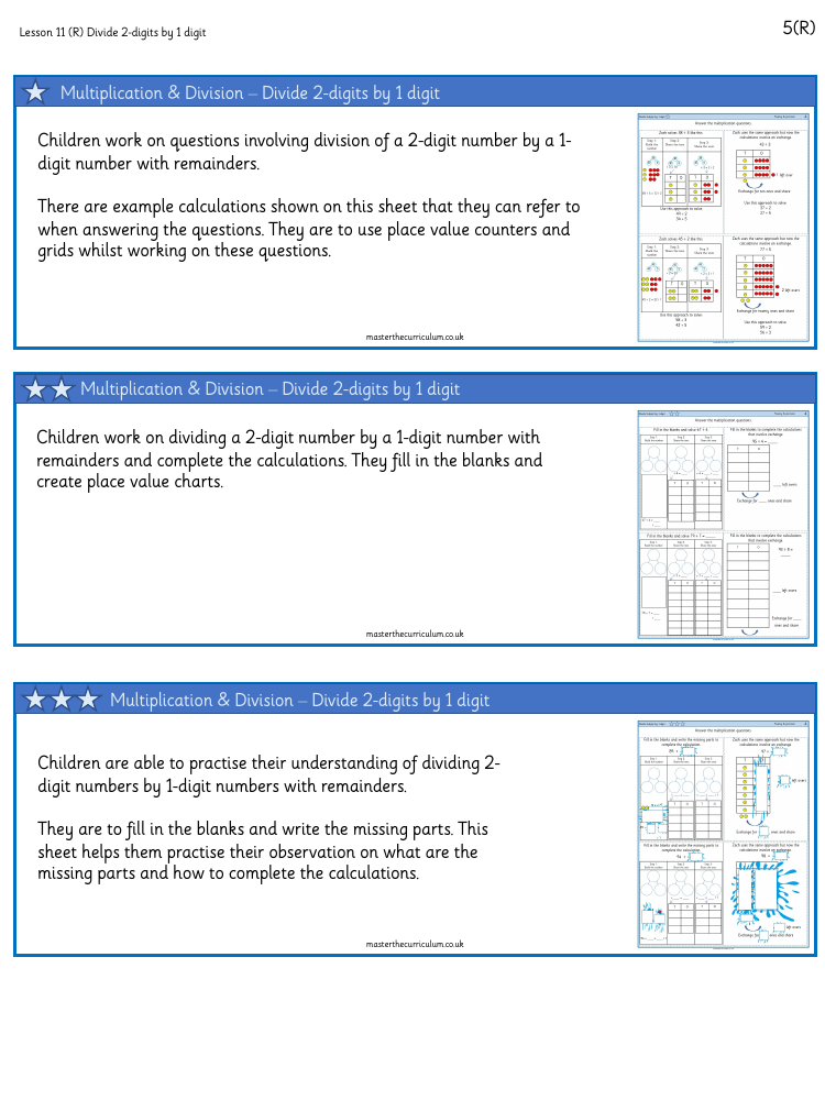 Multiplication and Division (2) - Divide 2-digits by 1-digit (remainder) - Worksheet