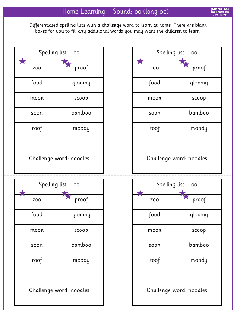 Spelling - Home learning - Sound oo