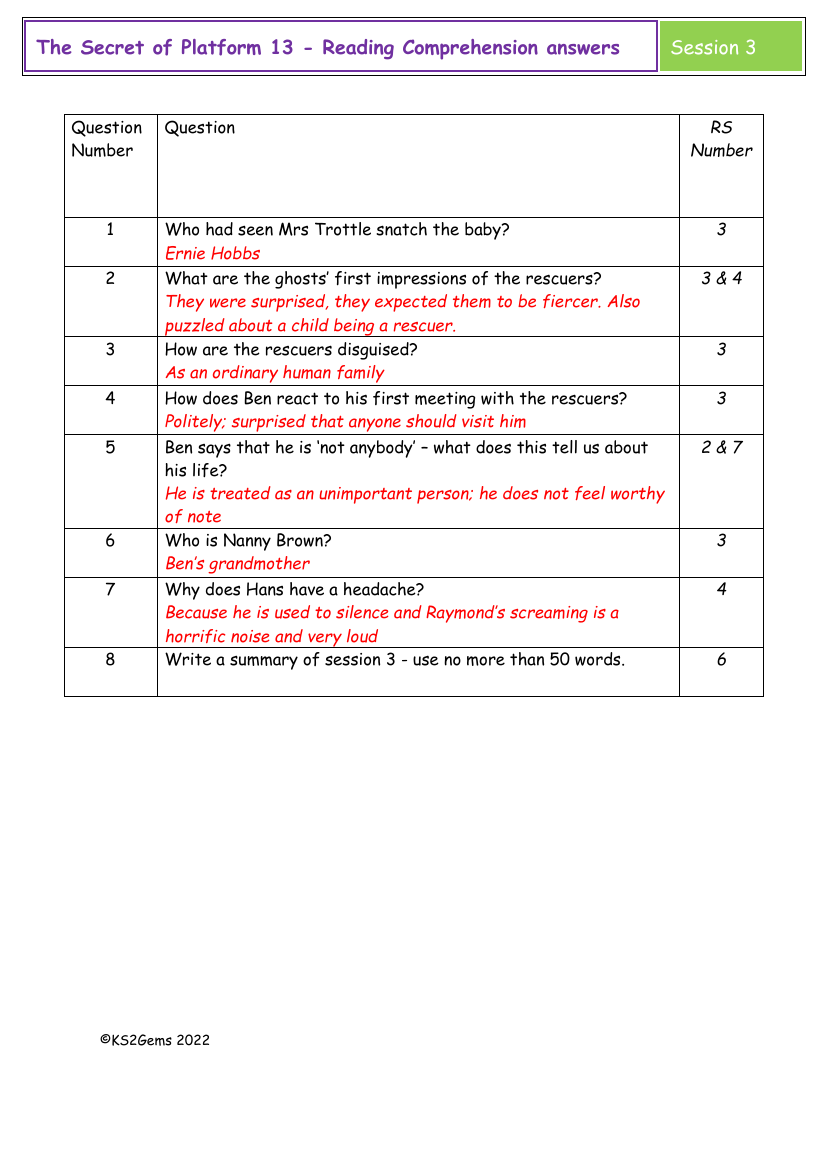 The Secret of Platform 13 - Session 3 - Reading Comprehension answers