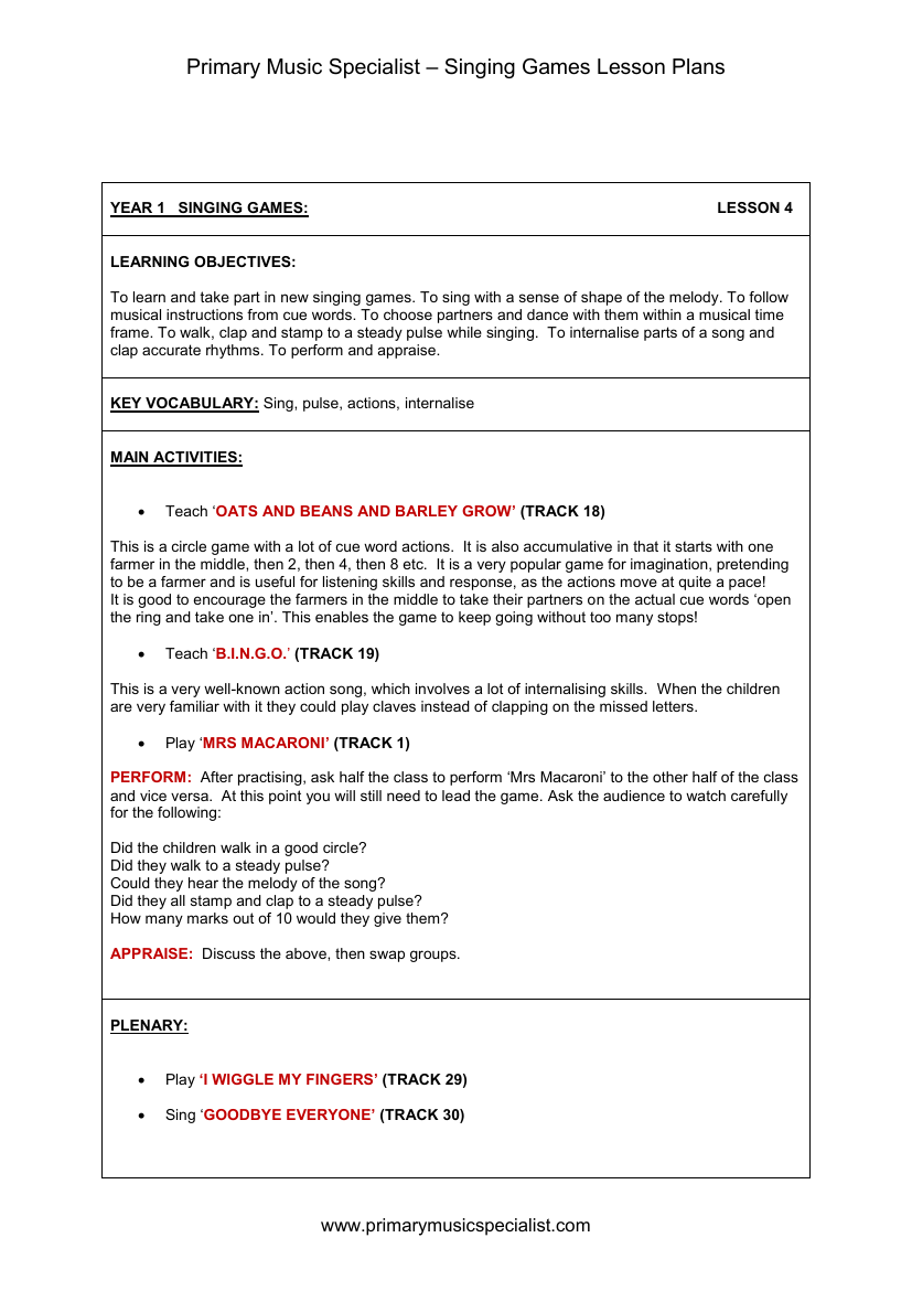 Singing Games Lesson Plan - Year 1 Lesson 4