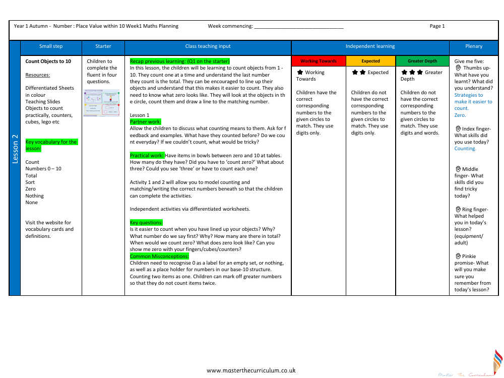 Place value within 10 - Counting to 10 - Planning