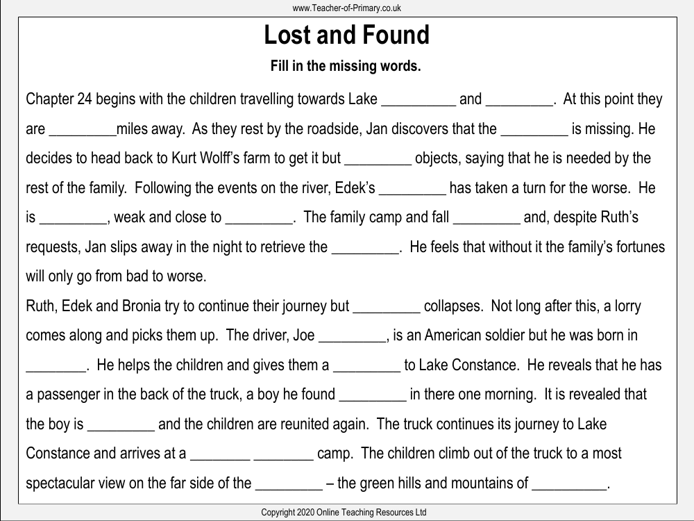 The Silver Sword - Lesson 15 - Lost and Found Worksheet