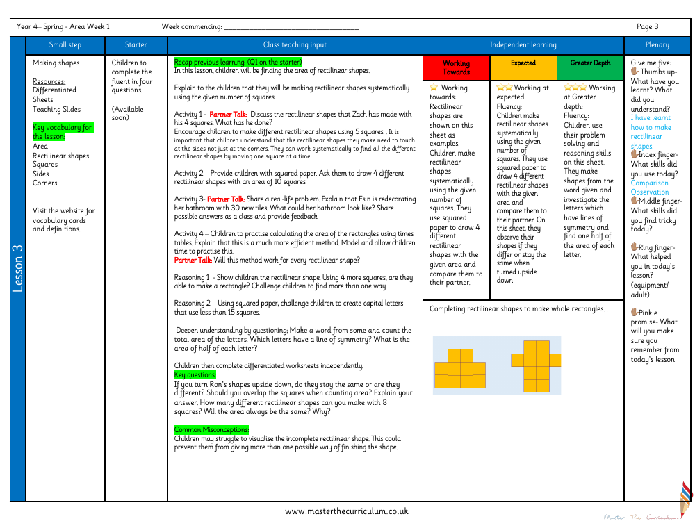 Area - Making Shapes - Planning