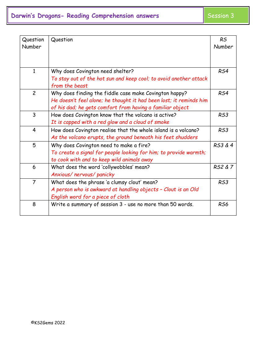 Darwin's Dragons - Session 3 - Reading Comprehension answers