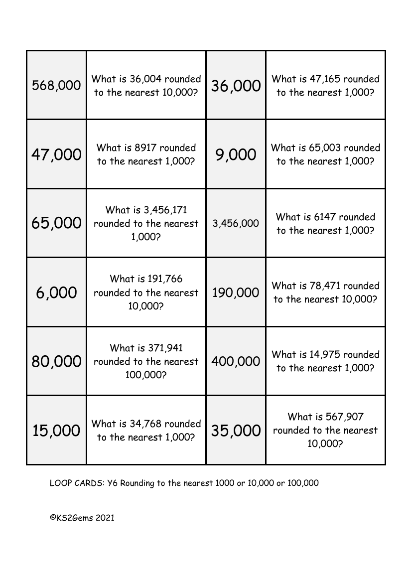 Loop Card Game - Rounding to the nearest 1000 or 10,000 or 100,000