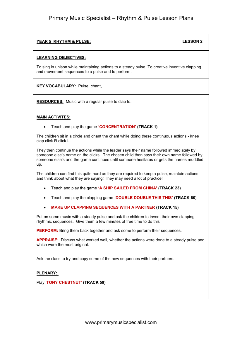 Rhythm and Pulse Lesson Plan - Year 5 Lesson 2