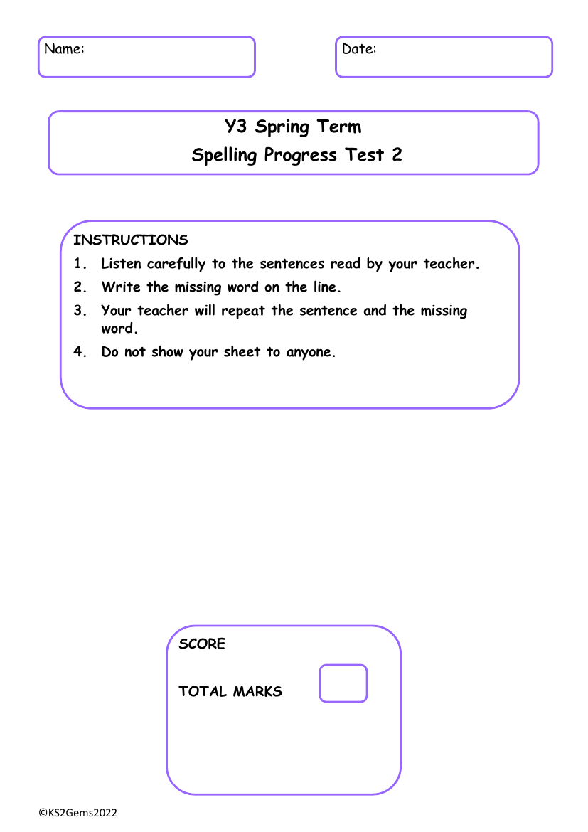 Spring Term Spelling Progress Test 2