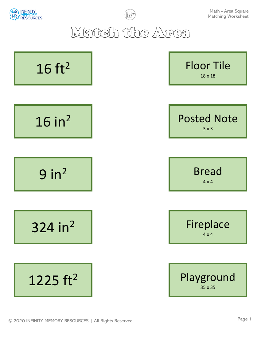 Area Square - Matching Worksheet