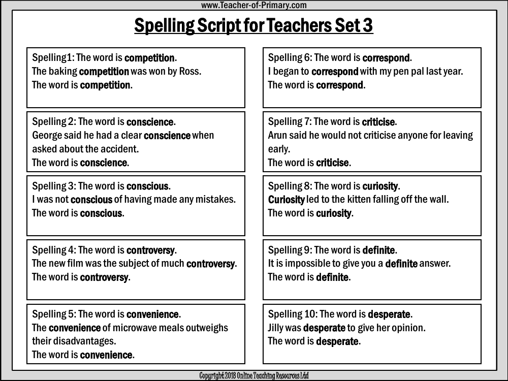 Spellings - Set 3 Teachers Script