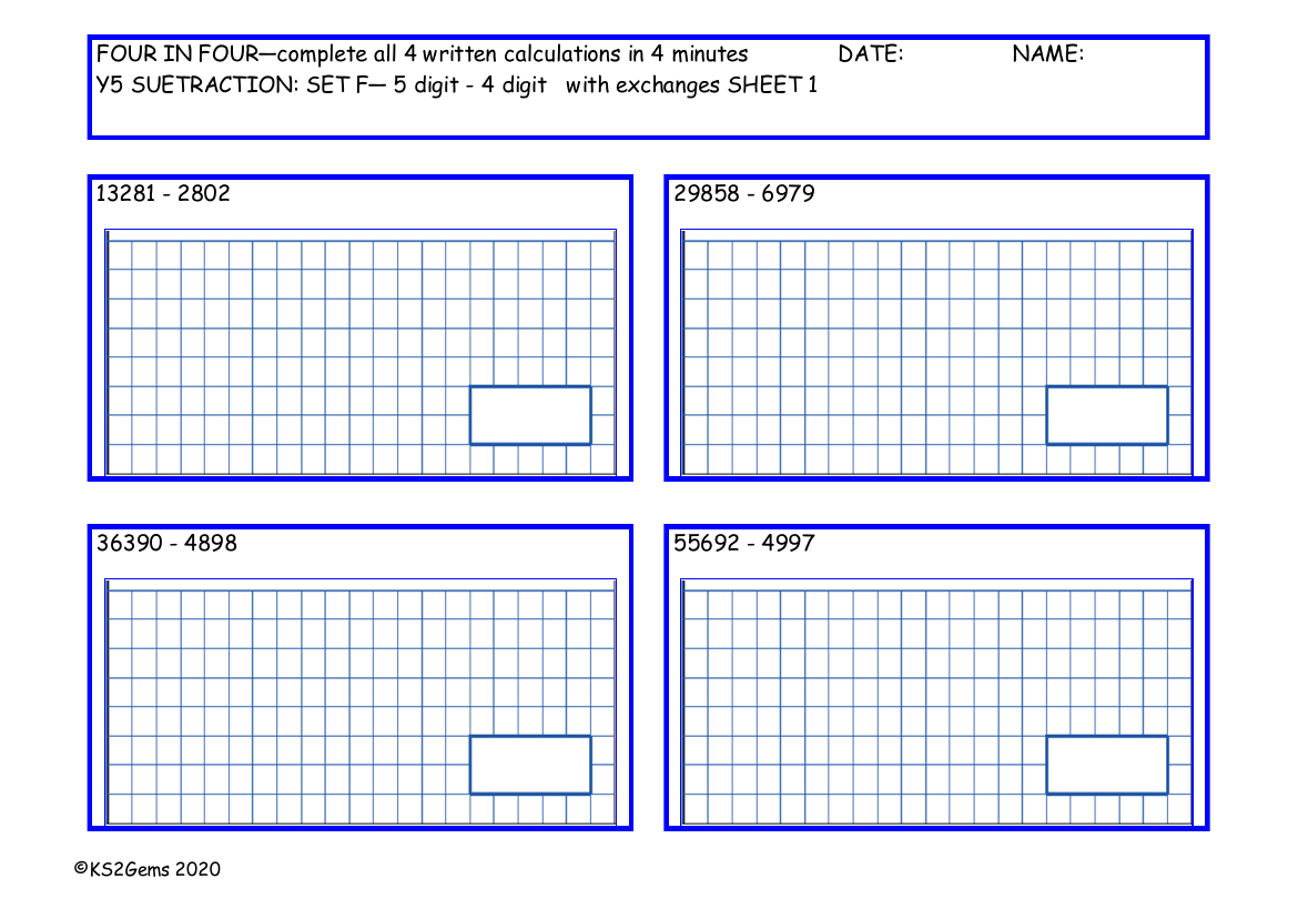 Four in Four Subtraction Set F - 5d - 4d with exchanges