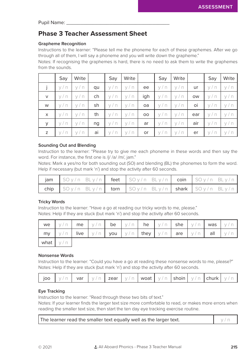 Phase 3 Teacher Assessment Sheet - Phonics Phase 3 - Resource