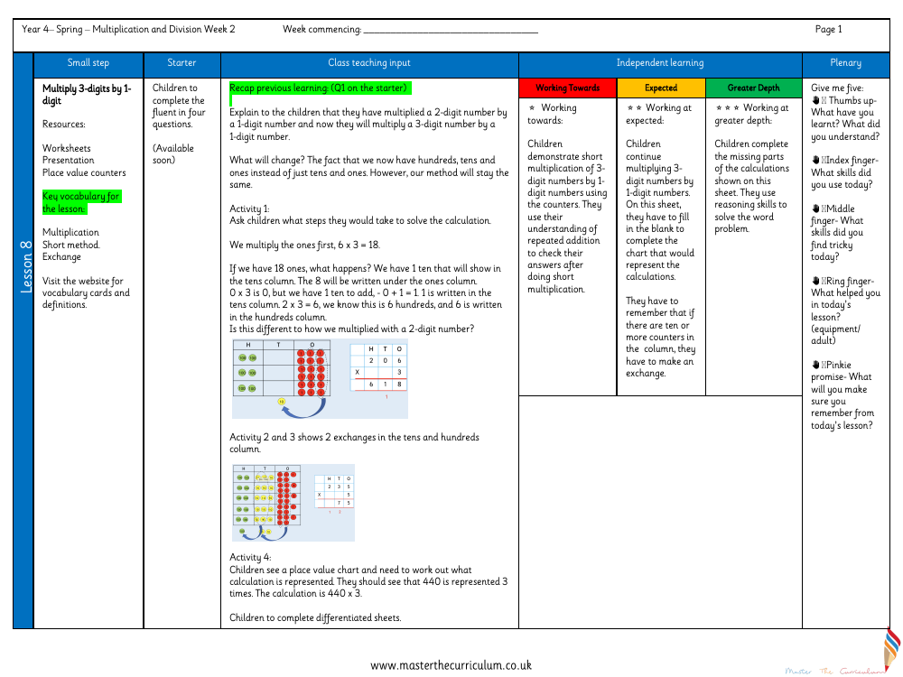 Multiplication and Division - Multiply 3-digits by 1-digit - Planning