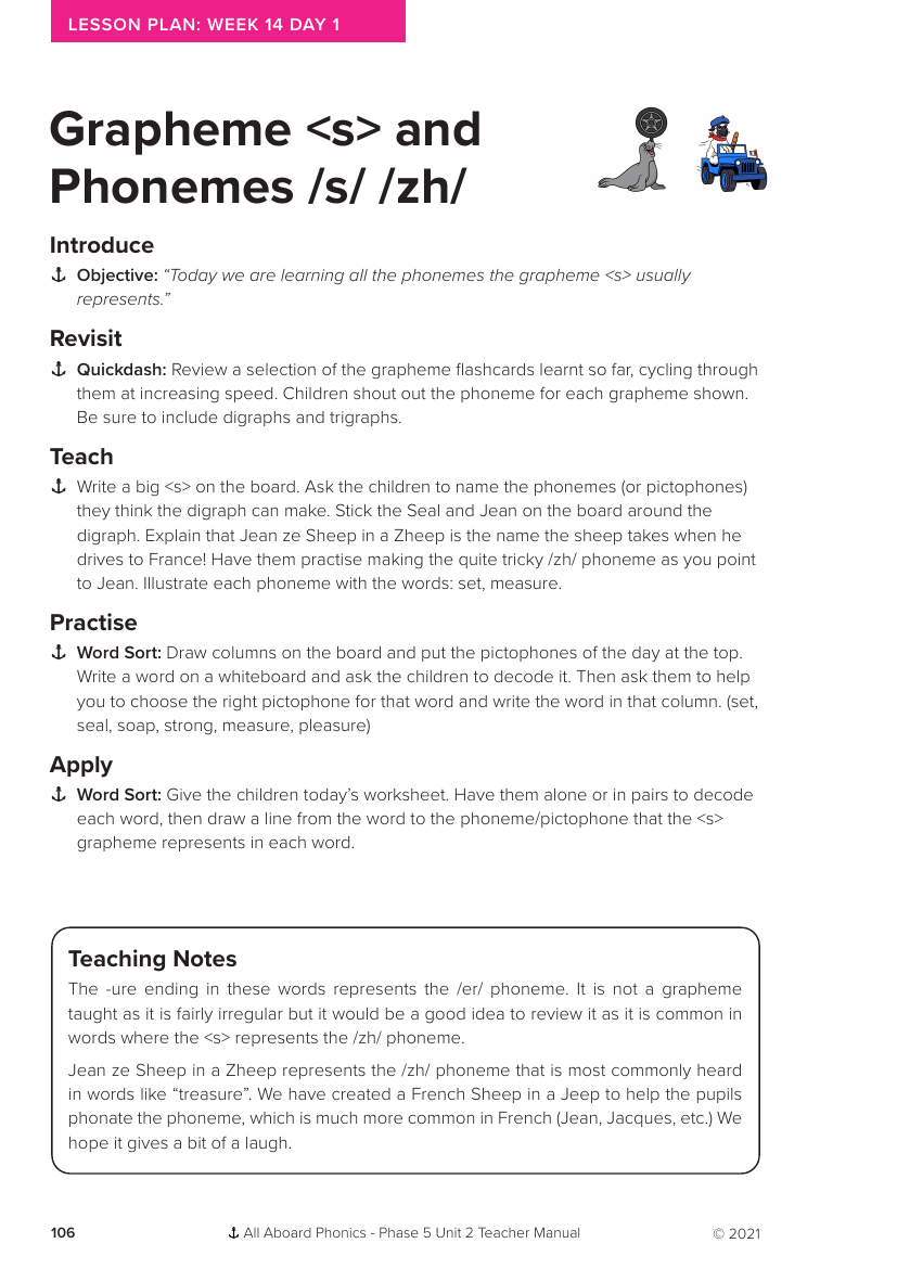 Week 14, lesson 1 Grapheme "s" and Phonemes "s,zh" - Phonics Phase 5, unit 2 - Lesson plan