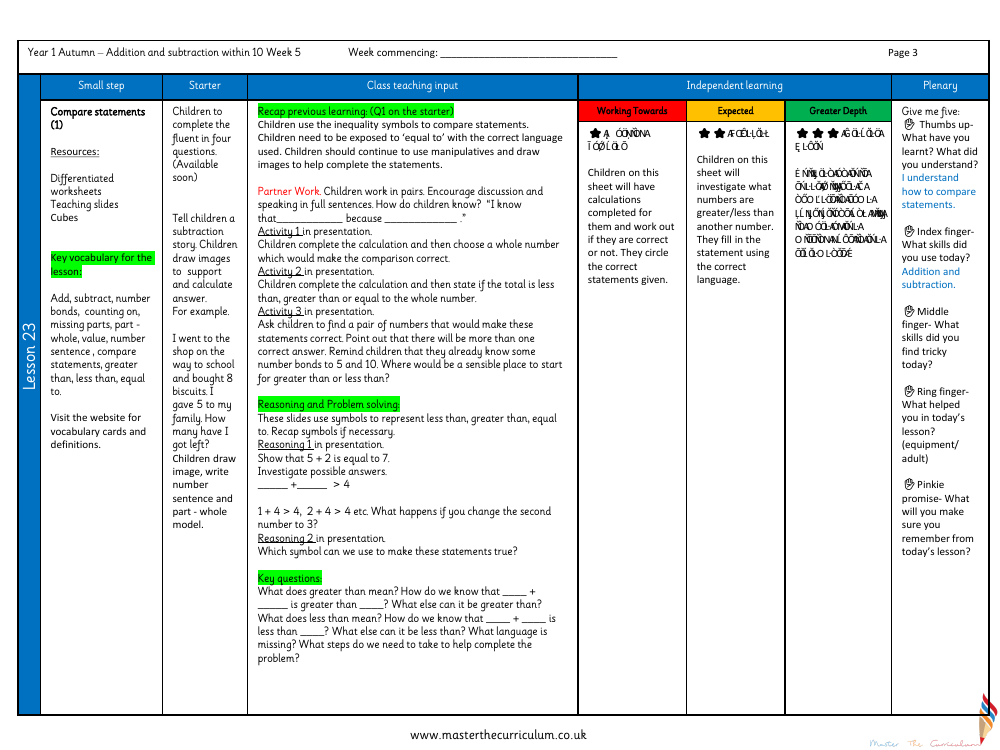 Addition and subtraction within 10 - Comparing statements - Planning