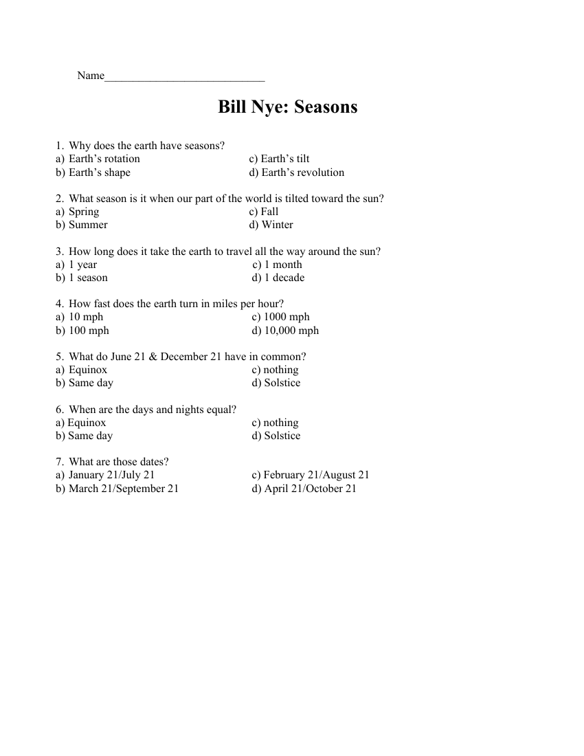 Bill Nye - Seasons Worksheet