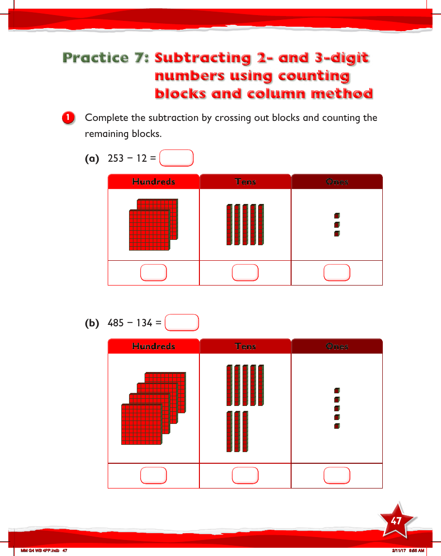 Max Maths, Year 4, Work Book, Subtracting 2- and 3-digit numbers using counting blocks and column method