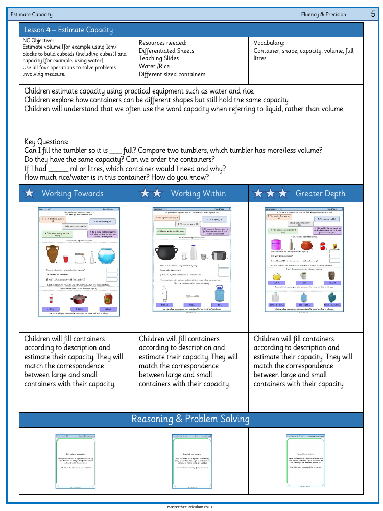 Volume - Estimate capacity - Worksheet