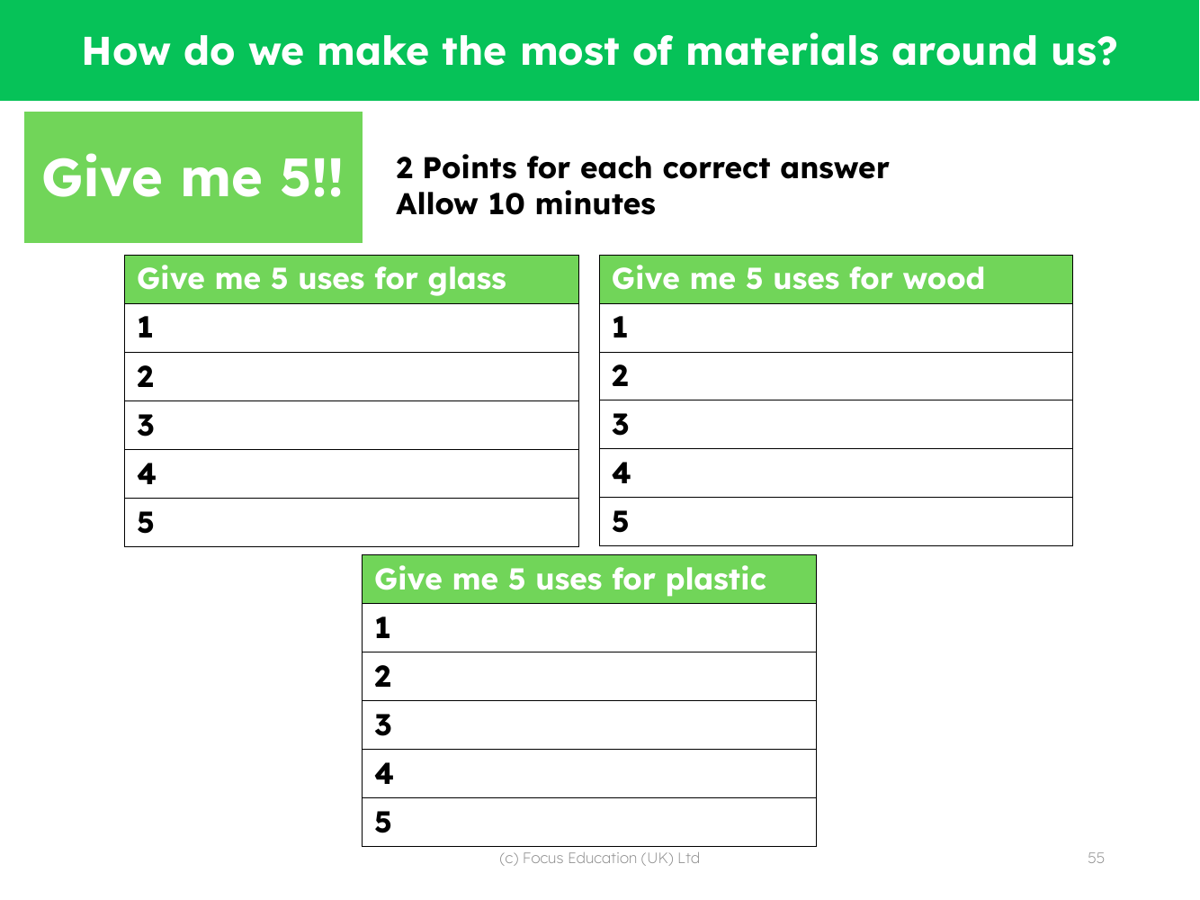 Give me 5 - Uses for each material