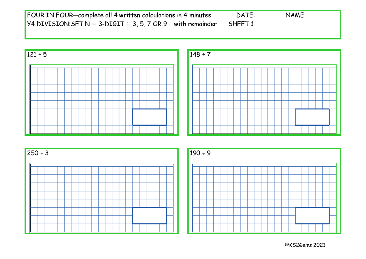 Four in Four -  Division Set N 3 digit number - 3, 5, 7 or 9 with remainder