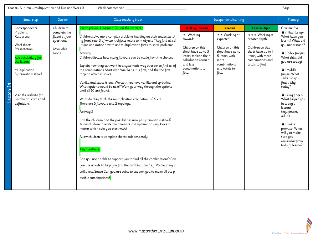 Multiplication and Division - Correspondence Problems - Planning