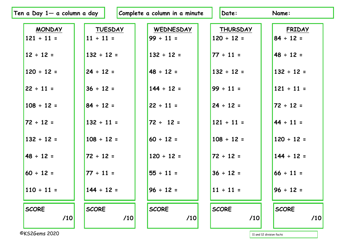 Ten a Day 11 and 12 Division Facts