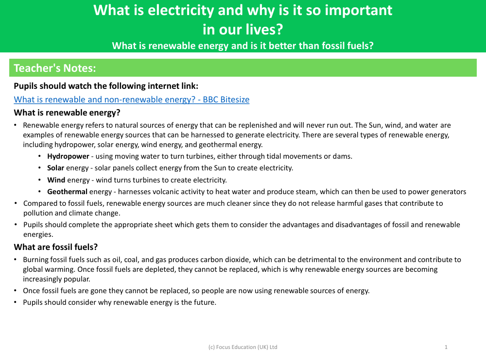 What is renewable energy and is it better than fossil fuels? - Teacher notes