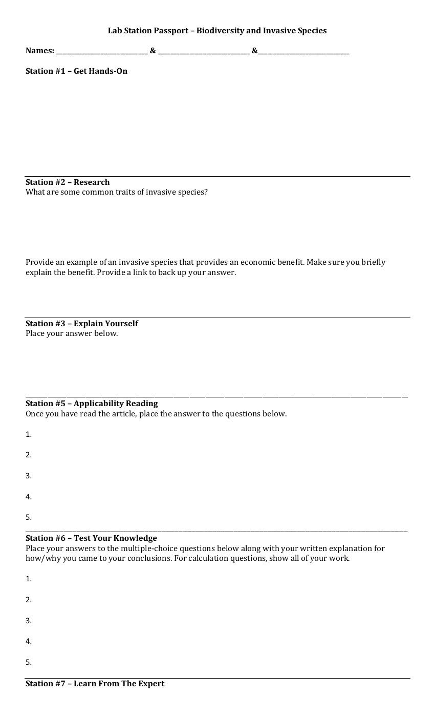 Biodiversity and Invasive Species - Lab Station Passport