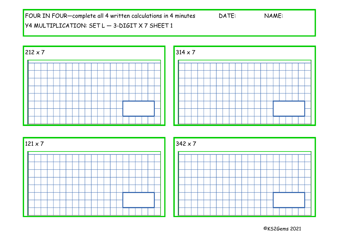 Four in Four -  Multiplication Set L 3 digit number x 7