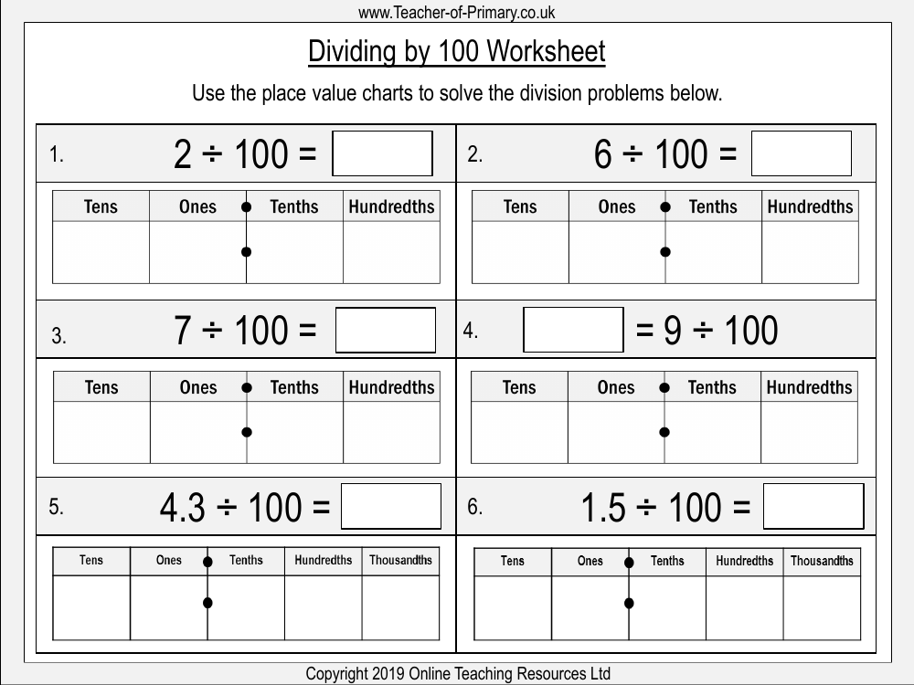 Dividing One and Two Digit Numbers by 100 - Worksheet