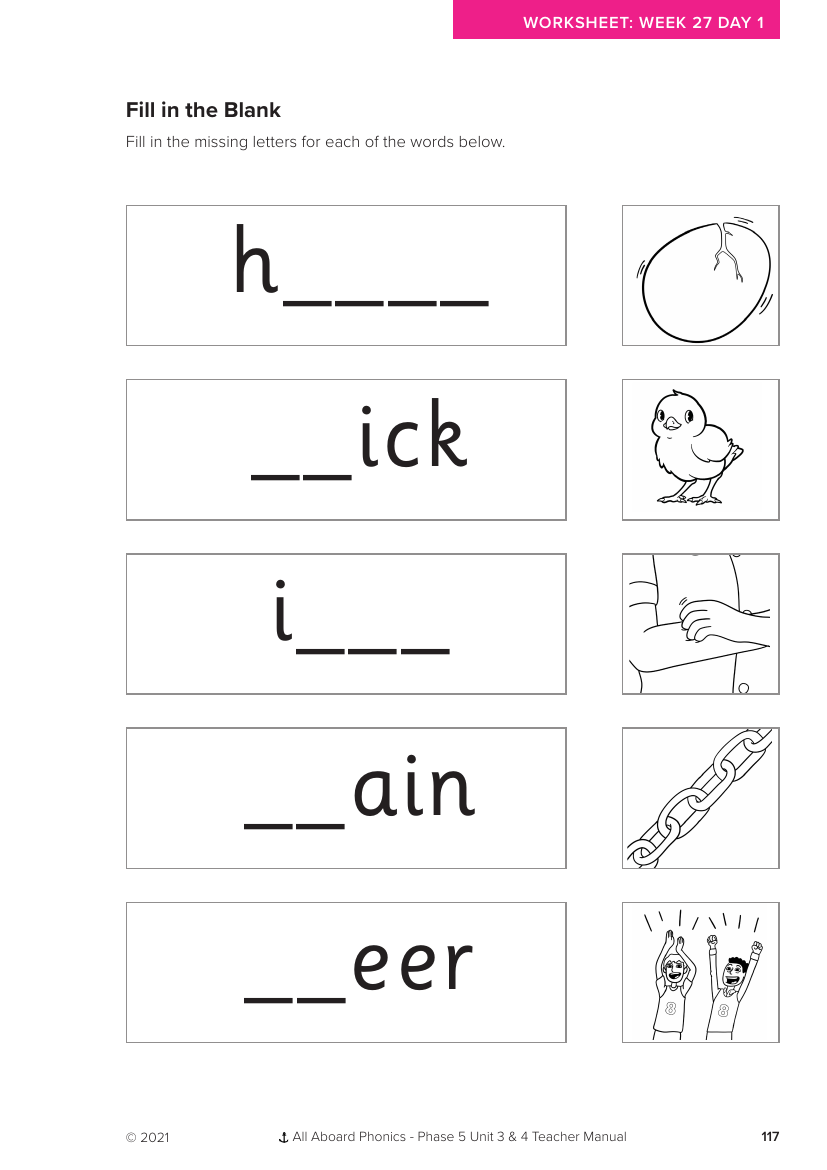 Week 27, lesson 1 Fill in the Blank activity - Phonics Phase 5, unit 3 - Worksheet