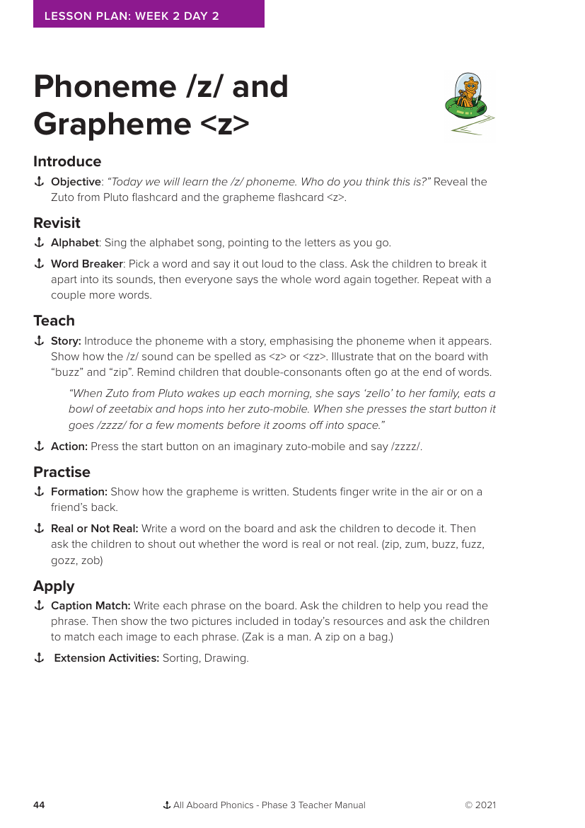 Week 2, lesson 2 Phoneme "z" and Grapheme "z" - Phonics Phase 3 - Lesson plan