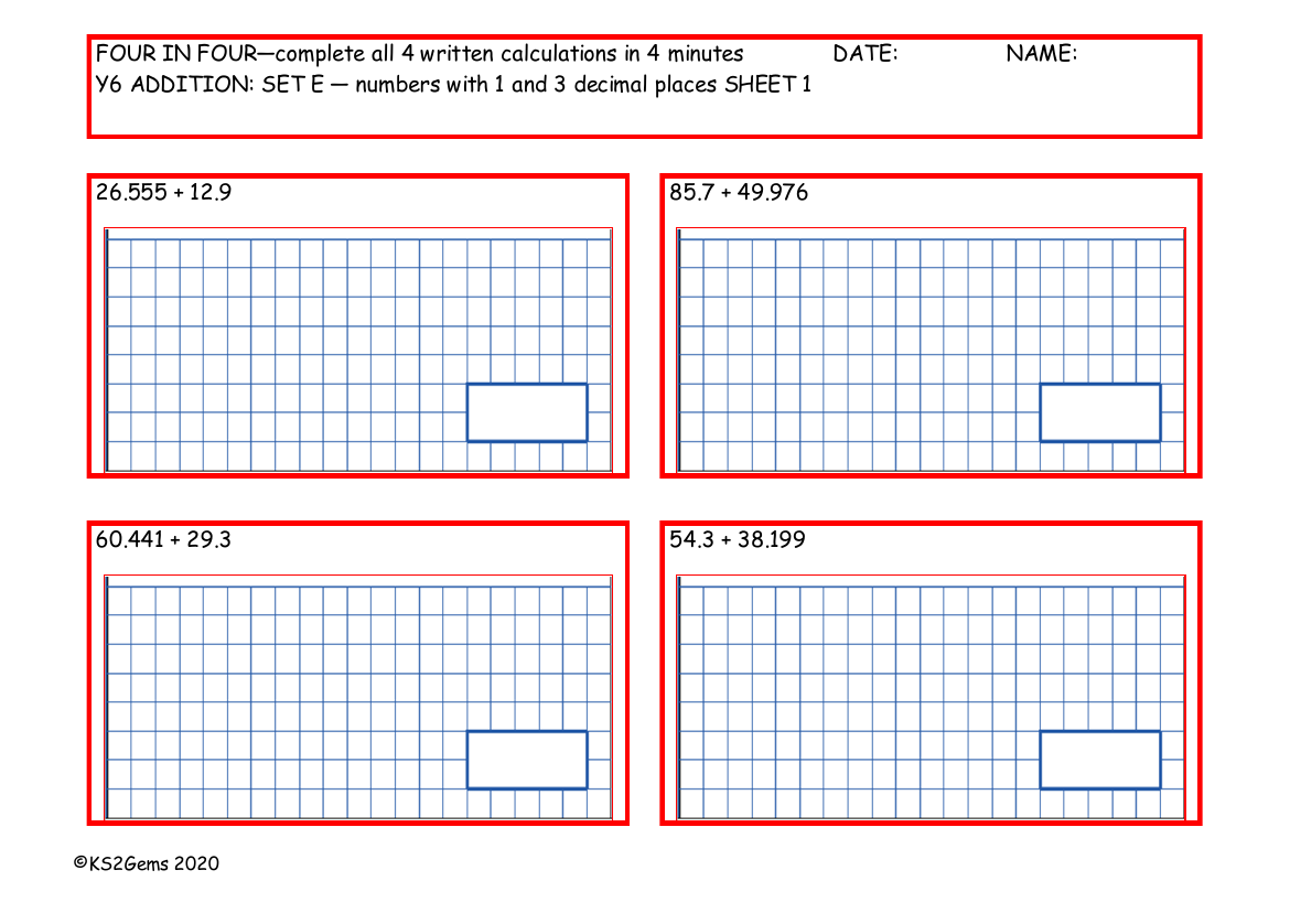 Four in Four - Addition Set E - numbers with 1 and 3 decimal places