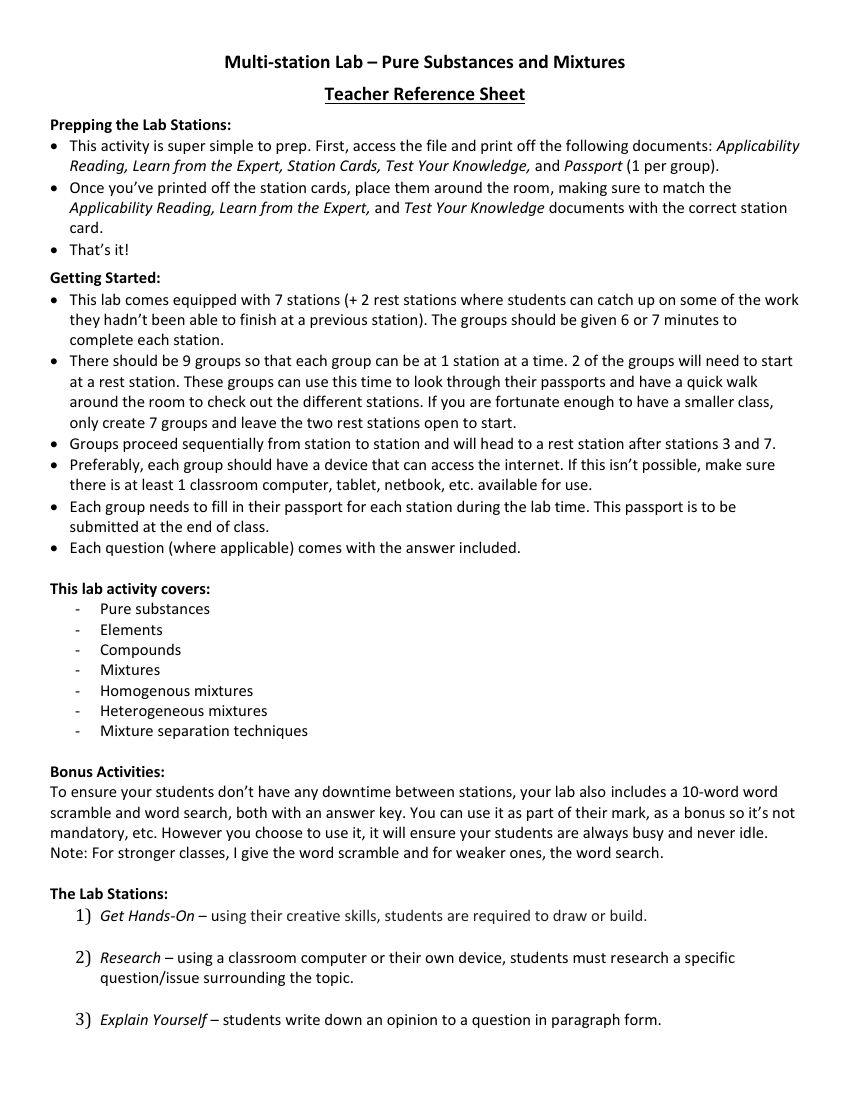 Pure Substances and Mixtures - Activity Instructions