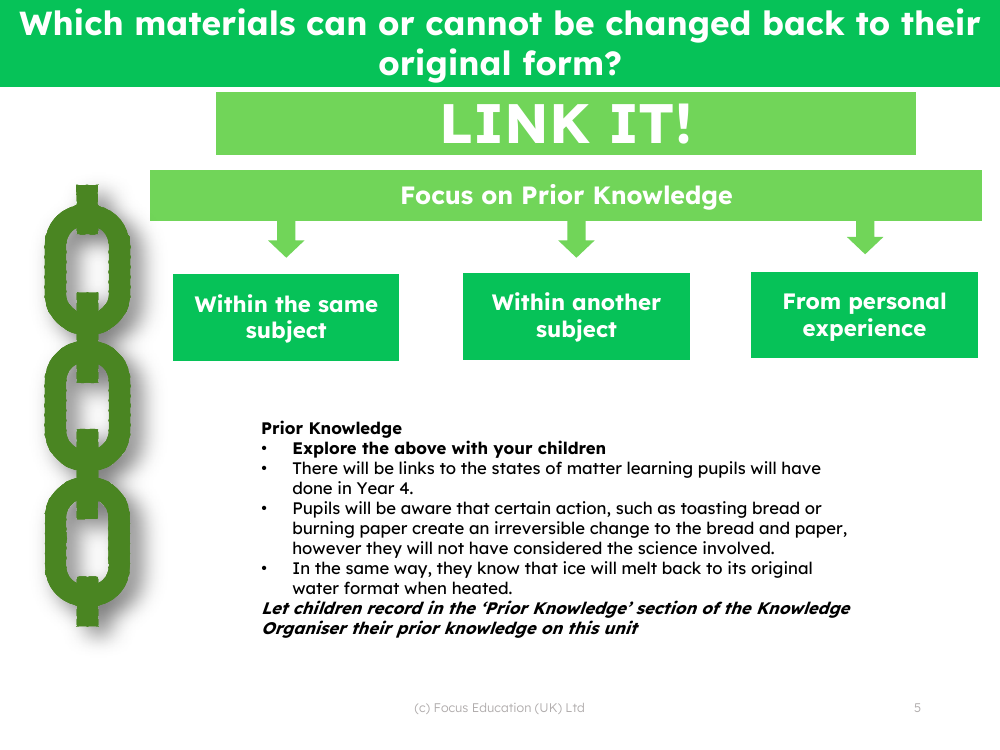 Link it! Prior knowledge - Reversible and Irreversible Changes - 4th Grade