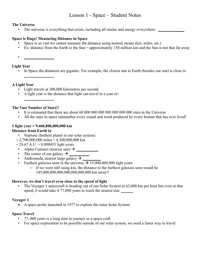 Space Introduction - Middle School Student Lesson Outline