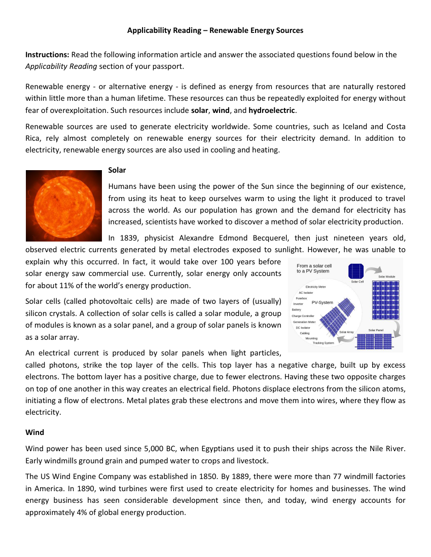 Renewable Energy - Applicability Reading | Science 7th Grade