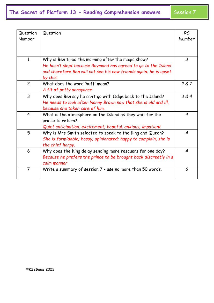 The Secret of Platform 13 - Session 7 - Reading Comprehension answers