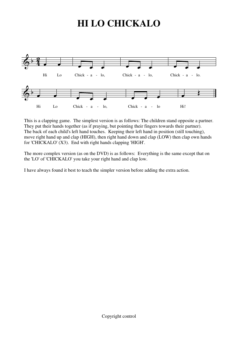 Singing Games Year 4 Notations - Hi lo chickalo