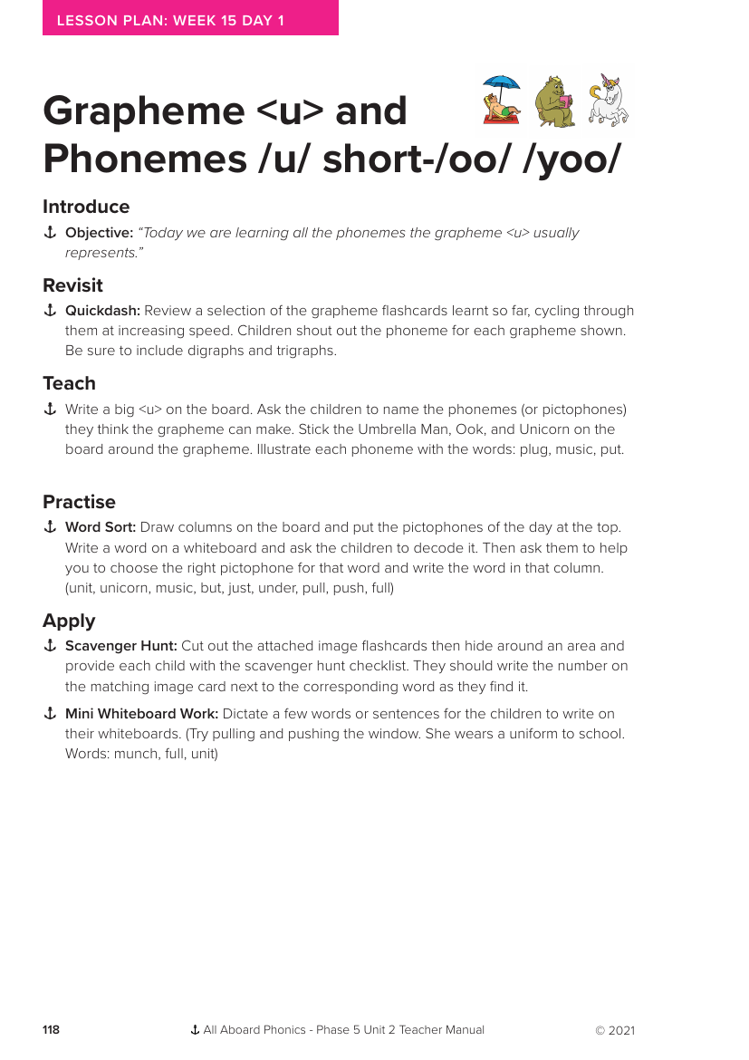 Week 15, lesson 1 Grapheme "u" and Phonemes "u", short "oo", "yoo" - Phonics Phase 5, unit 2 - Lesson plan