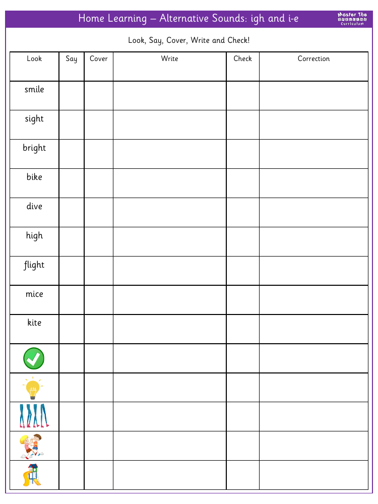 Spelling - Home learning alternative sounds - igh, i-e