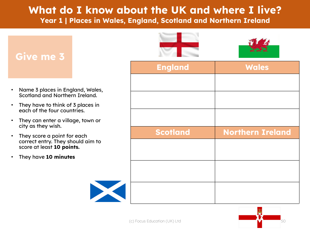 Give me 3 - Places in countries of the UK