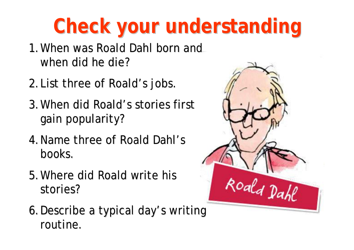 Biography and Autobiography - Lesson 2 - Roald Dahl Check Understanding Worksheet