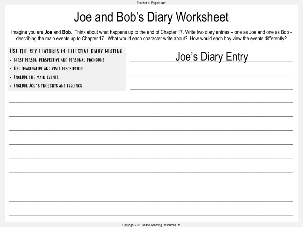 Billionaire Boy - Lesson 9 - Joes Diary Worksheet