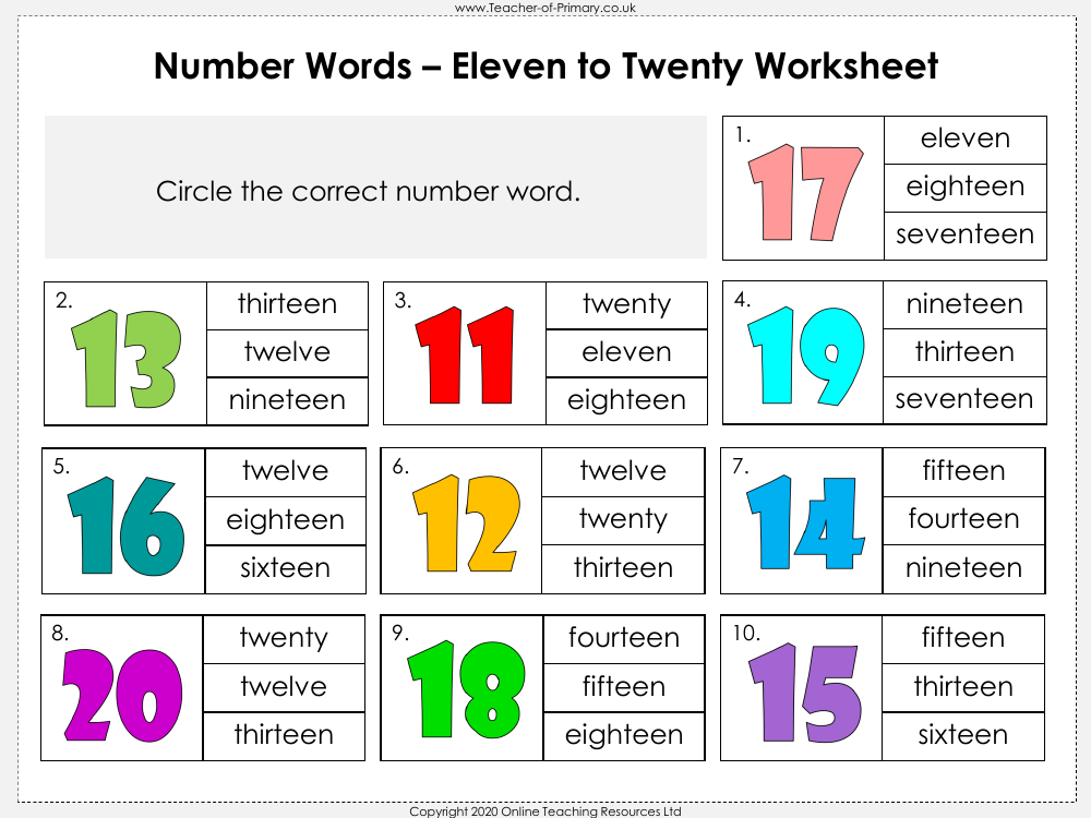  Number Words Eleven To Twenty Worksheet Maths Year 1