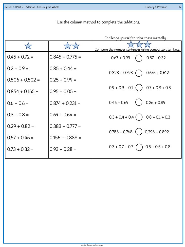 Decimals - Adding Decimals (Crossing the Whole) (2) - Worksheet